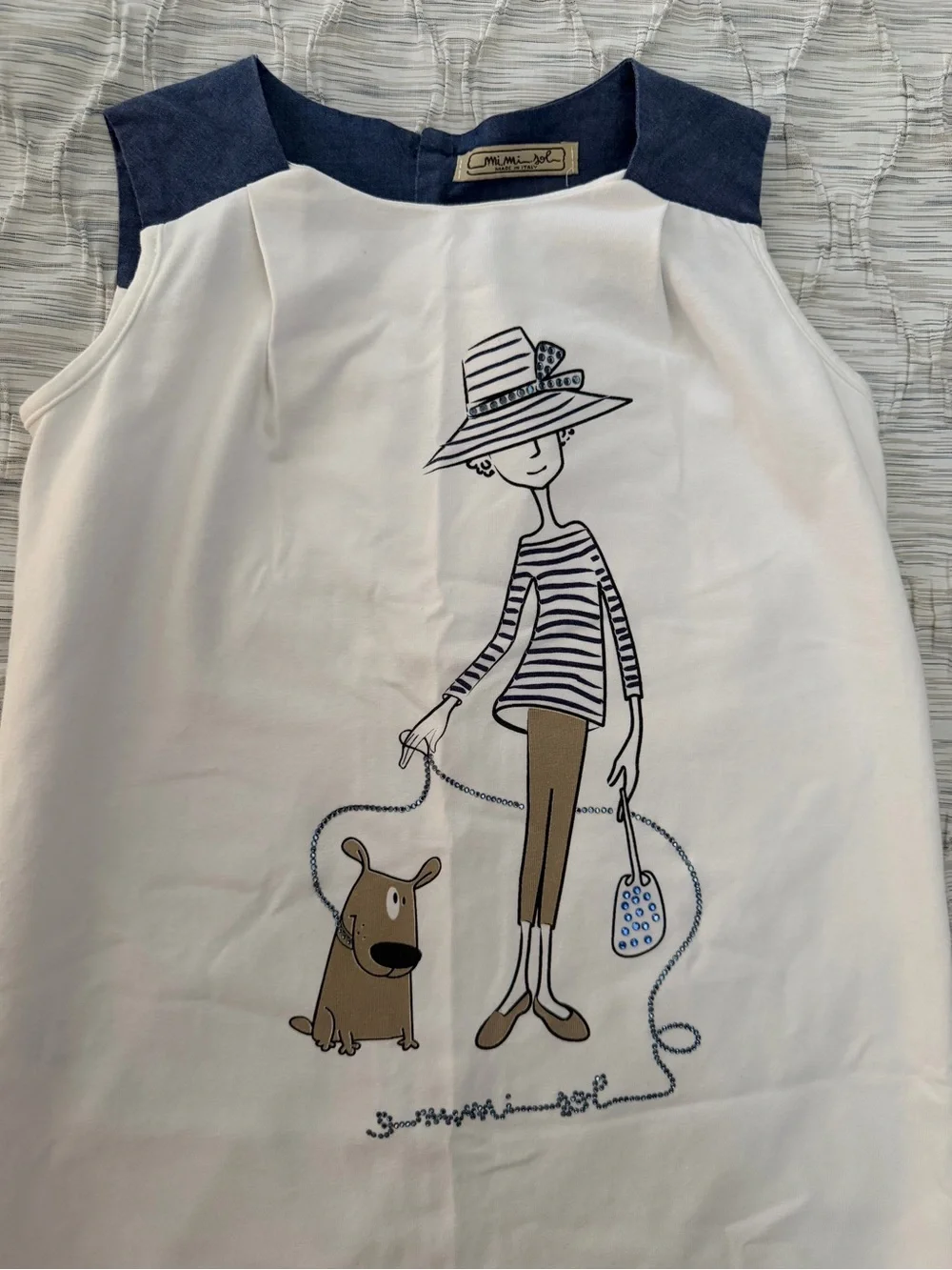 Mimi sol Girls White & Navy Graphic Shift Dress size 5-6 rhinestone dog print